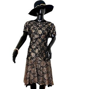 Vintage H W Collection (80's - 90's) Black Gold Sequin Floral Lace Dress Sz 16